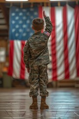 Poster - A young boy in uniform salutes an american flag. Generative AI.