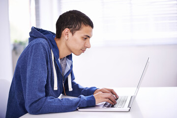 Poster - University, typing and man with laptop for research, study or elearning with education, knowledge and opportunity. Computer, reading and college student writing report for online course at desk.