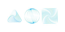 Set Of Abstract Swirling Symbols. Technology Glowing Colored Sphere, Triangle And Square. Twisted Wireframe Tunnel.