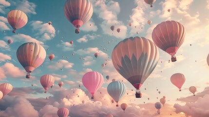 Many pastel-colored air balloons soar into the sky.