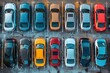 many different cars standing in rows in the parking lot, top aerial view
