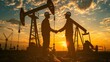 Silhouettes of two engineers holding hands holding a company contract outside in front of a gas station. People wearing helmets working in oil fields