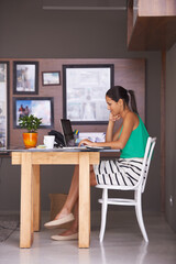 Poster - Woman, laptop and remote work with finance paperwork on desk, reading info for budget and admin for tax audit. Home office, advisor for financial planning and invoice, credit report and technology