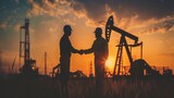 Fototapeta Natura - Silhouettes of two engineers holding hands holding a company contract outside in front of a gas station. People wearing helmets working in oil fields