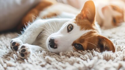 Wall Mural - Relaxed Puppy Enjoying Cozy Home Atmosphere