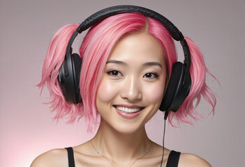 Wall Mural - Smiling asian woman with pink hair listens song in headphones