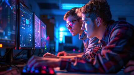 Two male university students in technology lab working on technology project, computer program design, computer engineering course.