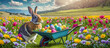 Lapin dans un champs avec des fleurs et avec des œufs de Pâques décorés dans une brouette.