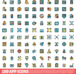 Wall Mural - 100 app icons set. Color line set of app vector icons thin line color flat on white