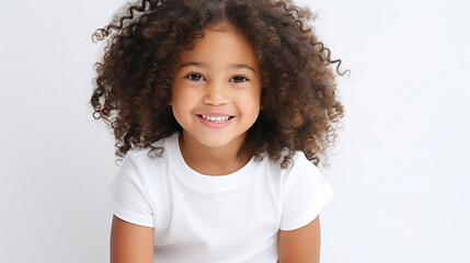 Smiling teenage girl in a white T-shirt on a white background mockup. Childhood lifestyle concept. Mockup copy space. African girl model