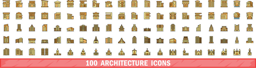 Poster - 100 architecture icons set. Color line set of architecture vector icons thin line color flat on white