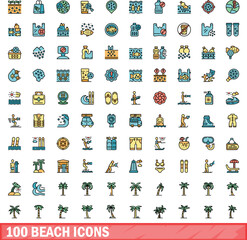 Poster - 100 beach icons set. Color line set of beach vector icons thin line color flat on white