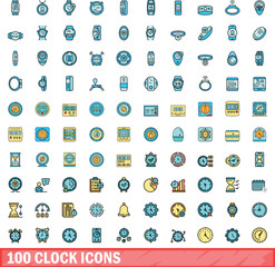 Poster - 100 clock icons set. Color line set of clock vector icons thin line color flat on white