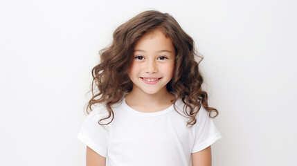 Smiling teenage girl in a white T-shirt on a white background mockup. Childhood lifestyle concept. Mockup copy space. Asian girl model