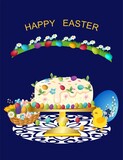Fototapeta  - Easter composition with Easter eggs, cake and spring flowers