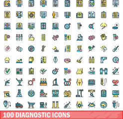 Poster - 100 diagnostic icons set. Color line set of diagnostic vector icons thin line color flat on white