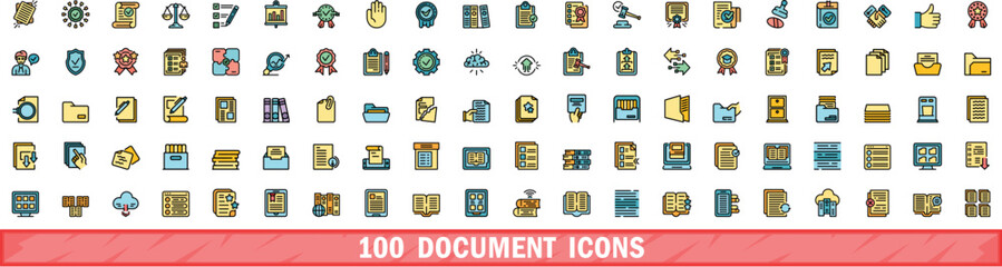 Poster - 100 document icons set. Color line set of document vector icons thin line color flat on white