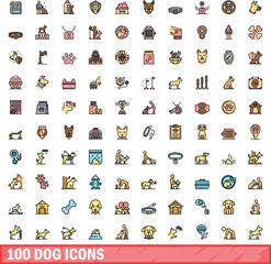 Canvas Print - 100 dog icons set. Color line set of dog vector icons thin line color flat on white