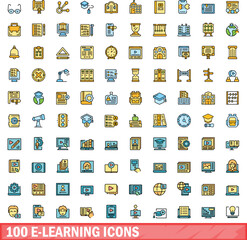 Poster - 100 e-learning icons set. Color line set of e-learning vector icons thin line color flat on white