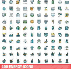 Poster - 100 energy icons set. Color line set of energy vector icons thin line color flat on white
