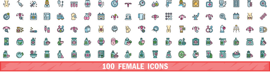 Wall Mural - 100 female icons set. Color line set of female vector icons thin line color flat on white