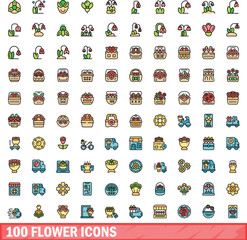 Poster - 100 flower icons set. color line set of flower vector icons thin line color flat on white