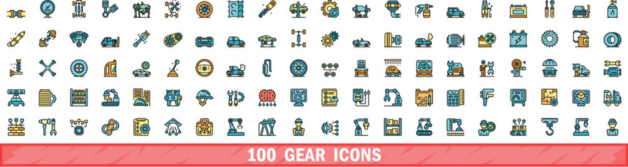 Poster - 100 gear icons set. color line set of gear vector icons thin line color flat on white