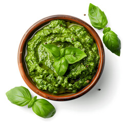 Wall Mural - Pesto in a bowl top view isolated on white background