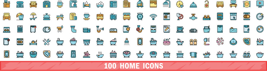 Poster - 100 home icons set. Color line set of home vector icons thin line color flat on white