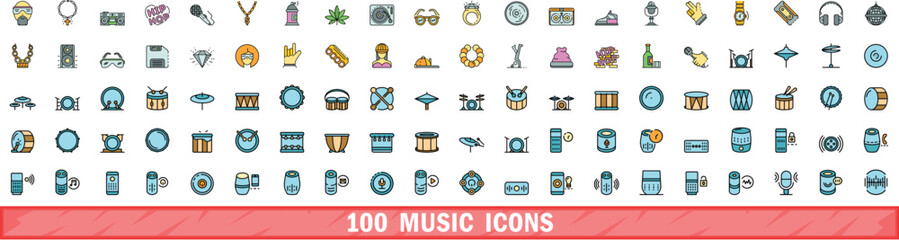 Poster - 100 music icons set. Color line set of music vector icons thin line color flat on white