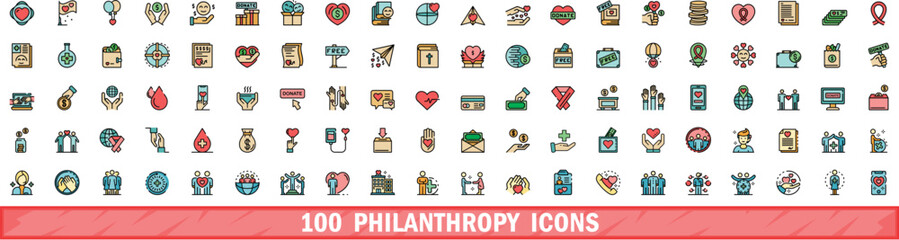 Poster - 100 philanthropy icons set. Color line set of philanthropy vector icons thin line color flat on white