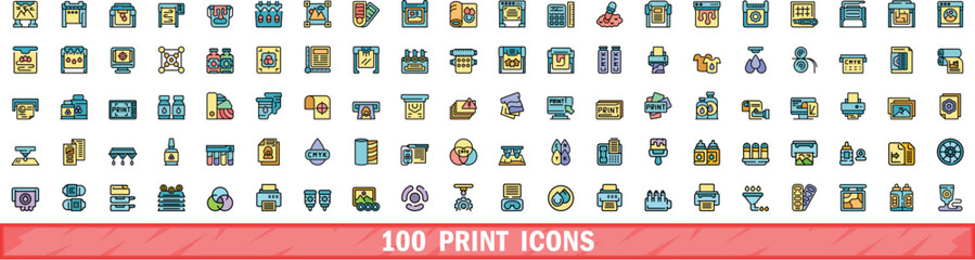 Poster - 100 print icons set. Color line set of print vector icons thin line color flat on white