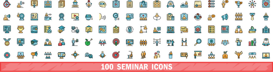 Poster - 100 seminar icons set. color line set of seminar vector icons thin line color flat on white
