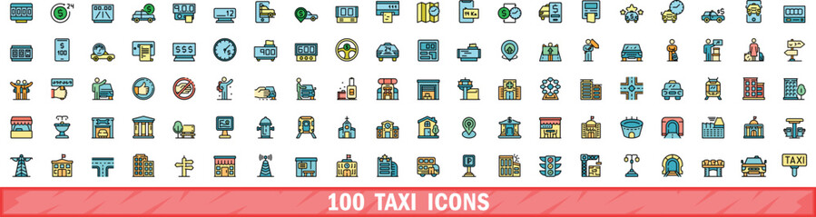 Poster - 100 taxi icons set. Color line set of taxi vector icons thin line color flat on white