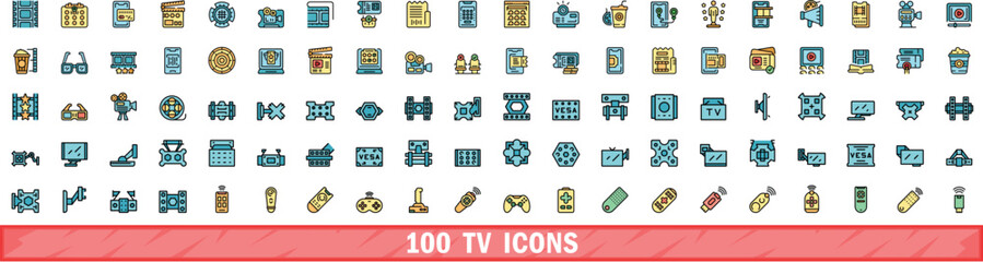 Sticker - 100 tv icons set. Color line set of tv vector icons thin line color flat on white