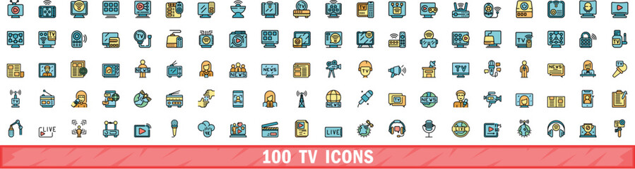 Poster - 100 tv icons set. Color line set of tv vector icons thin line color flat on white