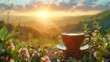 hot coffee and sunrise nature background. beautiful nature view with hot coffee. seamless looping overlay 4k virtual video animation background