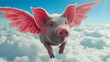 Pink flying pig with wings above clouds in the sky. generative ai