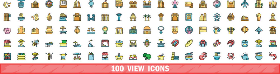 Poster - 100 view icons set. Color line set of view vector icons thin line color flat on white