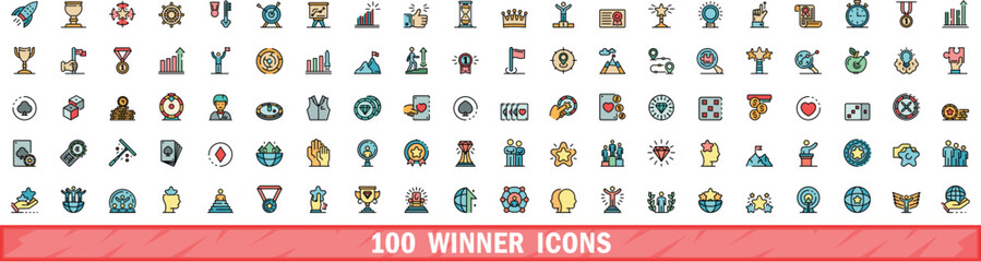 Poster - 100 winner icons set. Color line set of winner vector icons thin line color flat on white