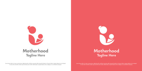 Child motherhood logo design illustration. Silhouette of mother embracing baby midwife. Symbol icon simple minimal happy soft peaceful warm abstract grateful care support help infant kid son family.