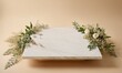Top view of beige background with white marble podium mockup, beauty and fashion concept with leaves and flowers