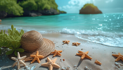 Seashells, starfish, summer hat on the exotic, sandy beach near the transparent blue water of ocean. Travel, tourism, holidays concept