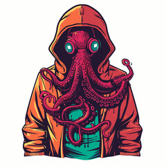 Wall Mural - Male hacker octopus in a sweater esport vector logotype, octopus logo, octopus icon, octopus sticker, octopus symbol, octopus emblem