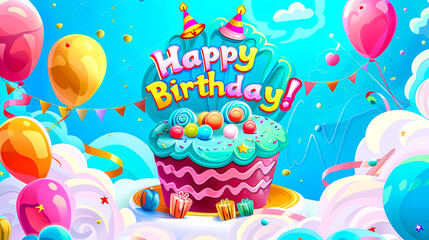  Colorful illustration of a birthday theme with cake, balloons, and gifts