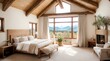 High-end bedroom boasting a warm fireplace and mesmerizing mountain panoramic 