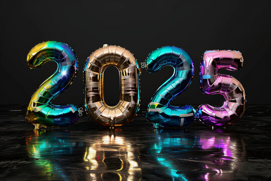 Composition with figure 2025 made of colorfull foil balloons and Christmas decorations on black background.