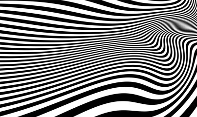 Poster - Abstract Optical Illusion Stripes Background. Monochrome wavy line background. Abstract optical illusion wave. Optical Art psychedelic with black and white twist striped. Curved lines. Op art. Vector.
