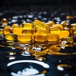spill of yellow pills with reflections in addiction water