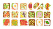 © Елена Кутузова - Open Sandwich set. Vector for menu, poster, banner, sticker. Delicious breakfast or snack. Collection of toasts with fish snack lunch snacks. Slices of bread with egg, fish, vegetables, sausages.